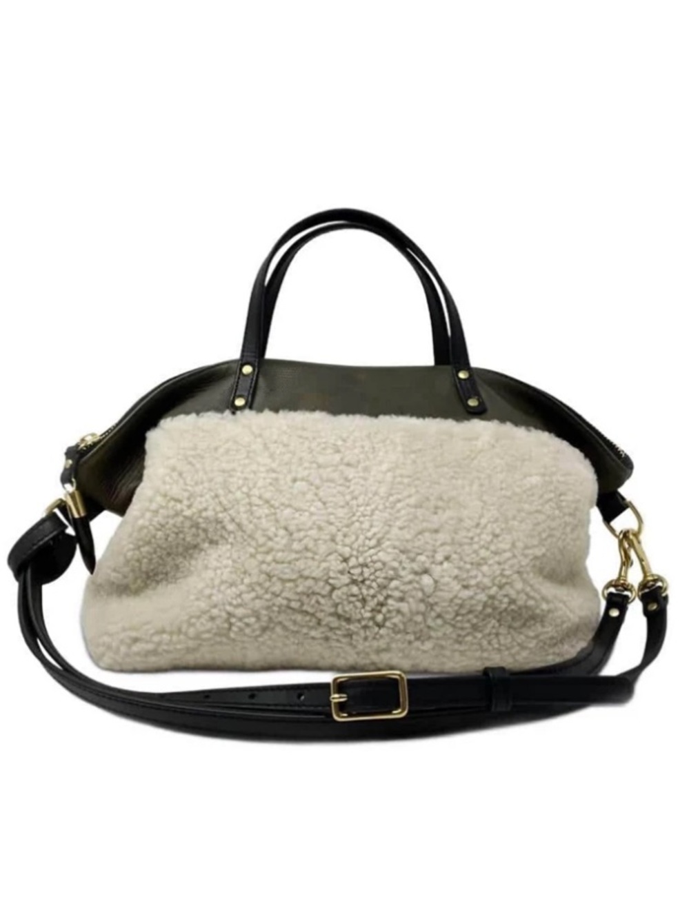 Kempton & Co Devon Olive Shearling Trim Tote Shoulder Bag cross body purse